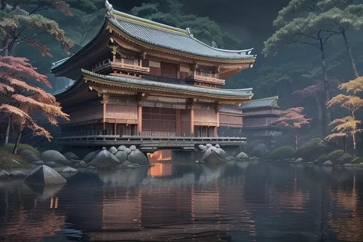 <lora:fantasybg_v1forsd1.5:1>, fantasybg,no humans,nature,best quality,8k,RAW photo,masterpiece,best quality,CG,epic realistic,official art,masterpiece,forest,colorful water,building,east asian architecture,maple leaf,close-up,night,fire,