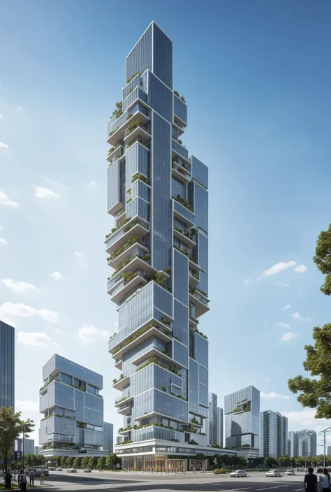 a tall building with many windows and plants growing on the top