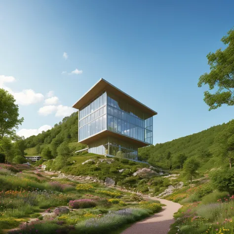 a rendering of a building on a hill with a path leading to it