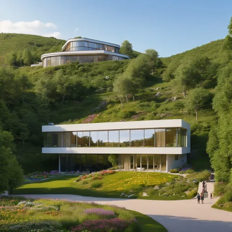 a view of a house on a hill with a person walking by