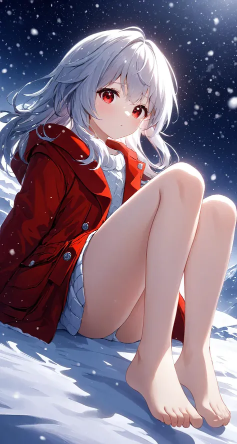 <lora:kalalax_xl:1> Clara, barefoot, red jacket, jacket, long sleeves, bare legs, open clothes, sweater,red eyes, sitting, snowing,, (((masterpiece))),((extremely detailed CG unity 8k wallpaper)),best quality,high resolution illustration,Amazing,intricate ...