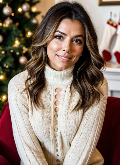 RAW photo of evalongoria-ti, natural lighting, 8k uhd, dslr, high quality, film grain, Fujifilm XT3, <lora:add_detail:0.7> , christmas theme, cousy sweater