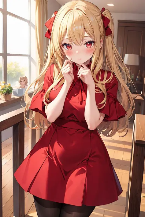 (masterpiece, best quality), 1girl, blonde hair, red dress, pantyhose, cute face, blush, <lora:add_detail:1>