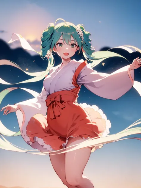 masterpiece, best quality, 1girl, solo, full body, open mouth, jump, windy, (public place background:1.2), meigetsu, (thick thighs, skindentation:1.2),  <lora:hatsunemiku1:1>