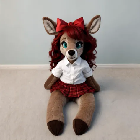 <lora:TeddyBear:0.3> plushie, , <lora:shadowfix3:0.5>,top view,
BREAK
Highly detailed, (detailed expressive teal eyes, white sclera:1.2),
BREAK
Furry, Deer, Hooves, Brown Fur, Deer Spots, Brown Hair, Long Hair, Curly Hair, Freckles, Teal Eyes,
(red hairbow...