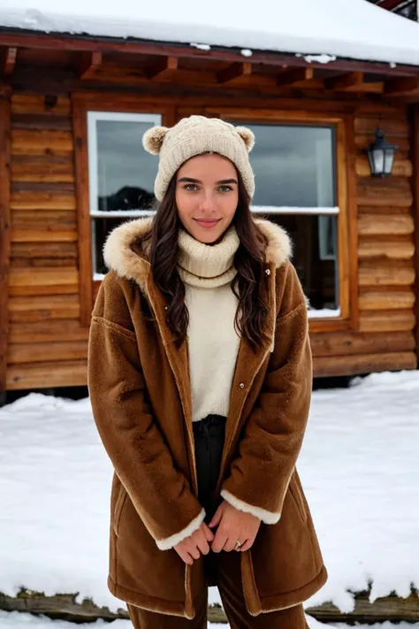 <lora:Lily:0.9>, realistic photo of  a photo of Lily, simple, homely, covered up, cozy and warm, (wearing a large bear skin coat:1.2), fur, hunter, wearing a beenie, holding a hunting rifle, in the snow, wearing a loose turtleneck sweater, wearing a scarf,...