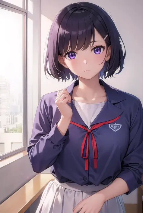 anime girl with purple eyes and a blue shirt standing in front of a window