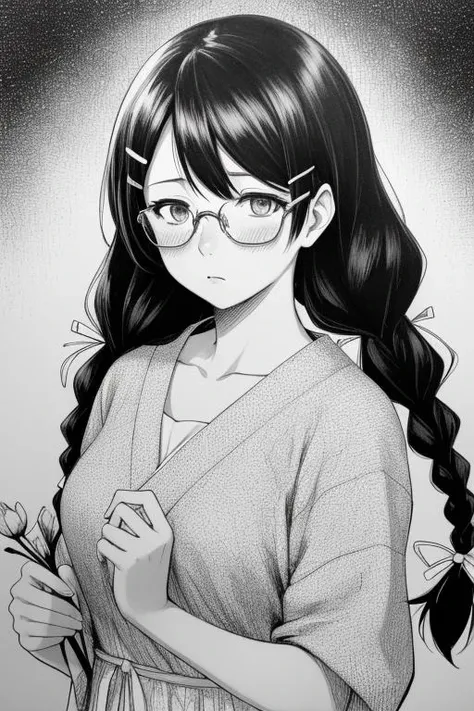 cowboy shot,  <lora:misakistyle:0.8> misakistyle, traditional media, monochrome, greyscale,
<lora:tsubasahanekawatest:0.7> 1lady, hanekawa tsubasa, long hair, black hair, hair ornament, braid, hairclip, twin braids, glasses, shy, blush, holding flowers,, m...