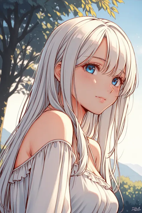 anime girl with long white hair and blue eyes in a field