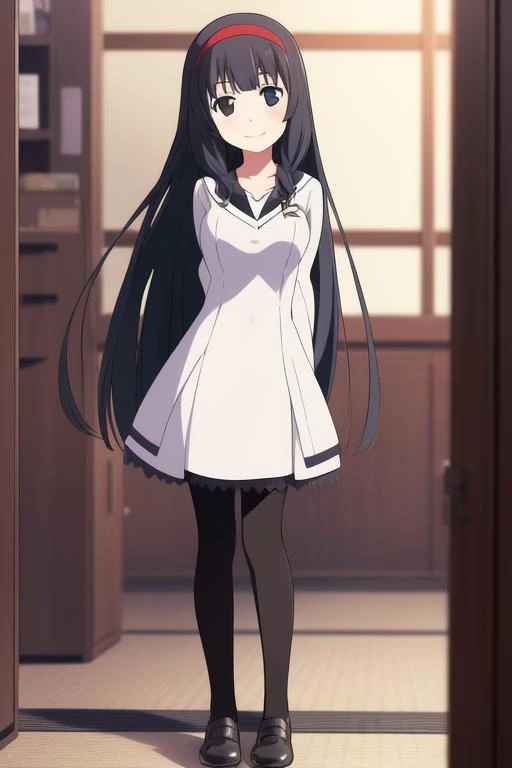 <lora:Itsuki_Pleiades:1>,  Itsuki_Pleiades, 1girl, solo, pantyhose, long hair, black hair, hairband, black eyes, school uniform, smile, dress,black pantyhose, arms behind back,  shoes
masterpiece, high quality, very_high_resolution, large_filesize, full co...