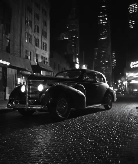 , <lora:nklnor:1> in the style of nklnor, film-noir,                black & yellow, industrial, heavy duty, modular,           white and brass science fiction hovering industrial luxury car by a downtown hotel, science fiction, night time, volumetric light...