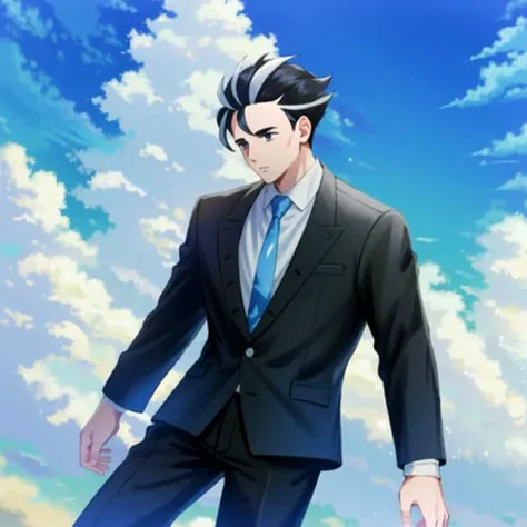 highres, masterpiece, high definition, high quality, 1boy, larry(pokemon), two toned white and black hair, thick eyebrows, suit, blue tie, falling, sky, clouds, sunny