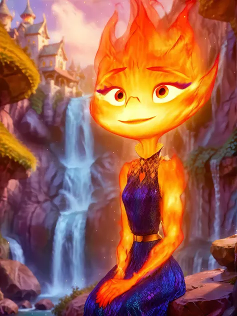 a close up of a cartoon character sitting on a rock near a waterfall