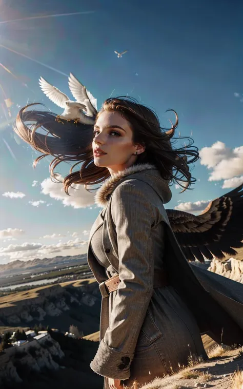 a woman with a large bird flying over her head