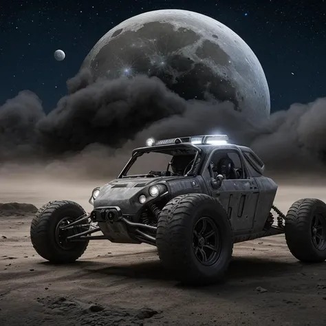 a close up of a car driving on a desert with a moon in the background