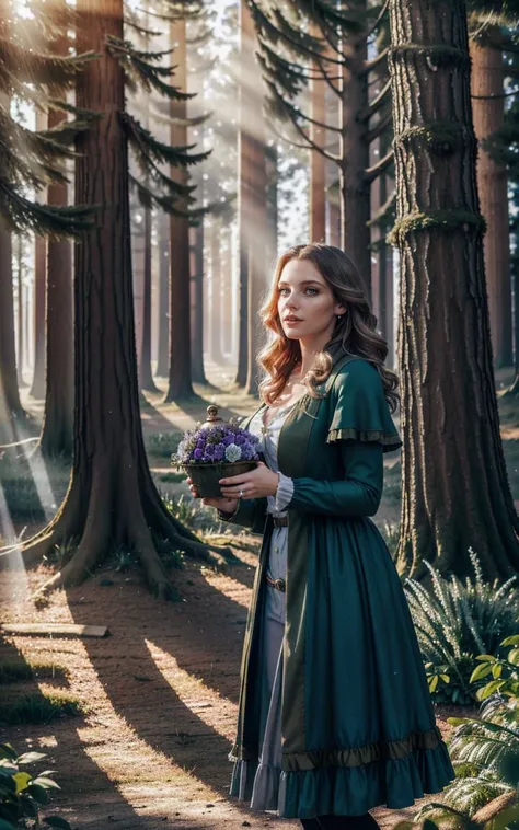 a woman in a green dress standing in the woods with flowers