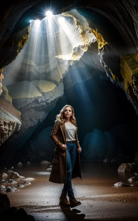 a woman standing in a cave with light coming out of the entrance