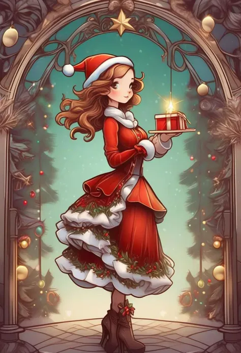 a cartoon girl in a red dress holding a present in front of a christmas tree