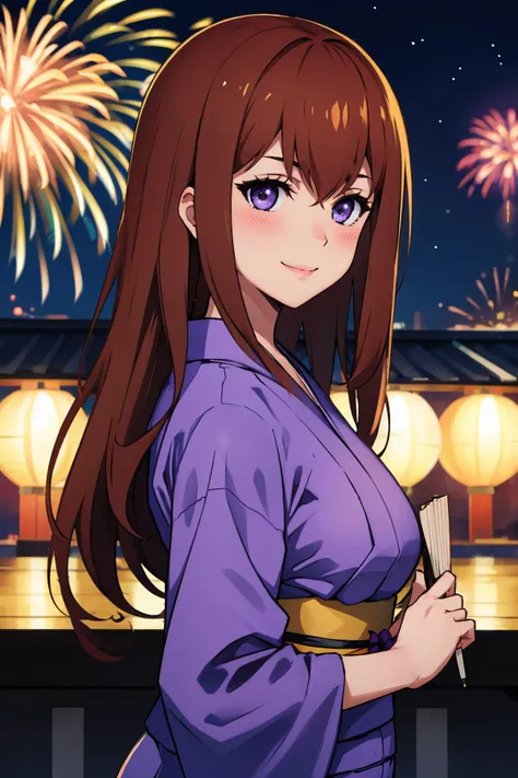 <lora:steinsgate_makise-10:0.8> makise kurisu, ((purple yukata))
masterpiece, best quality, absurdres, shrine, festival, night, blush, smile, looking at viewer, upper body, fireworks,