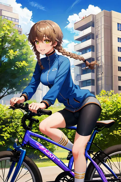 <lora:steinsgate_amane-10:1> amane suzuha, track jacket, bike shorts
masterpiece, best quality, absurdres, riding bicycle, smile