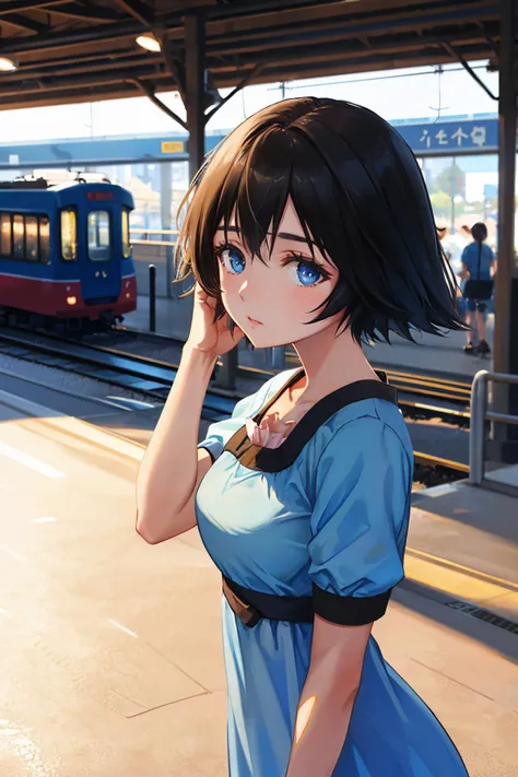 <lora:steinsgate_shiina-08:1> shiina mayuri, blue dress, short sleeves,
masterpiece, best quality, absurdres, from side, train s...