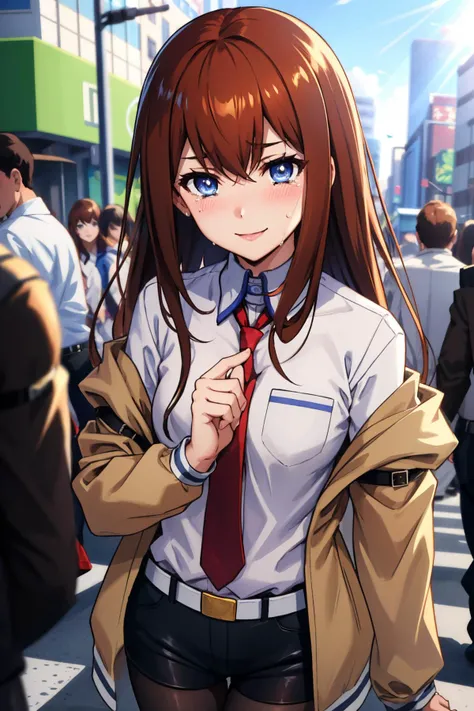 <lora:steinsgate_makise-10:1> makise kurisu, jacket, off shoulder, collared shirt, red necktie, black shorts, pantyhose, legwear under shorts
masterpiece, best quality, absurdres, shibuya crossing, upper body, looking at viewer, smile, blushing, crying, da...