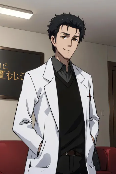 <lora:steinsgate_okabe-10:1> okabe rintaro, black blazer, sweater vest, black pants, white lab coat
masterpiece, best quality, absurdres, smirk, living room, upper body, hands in pockets