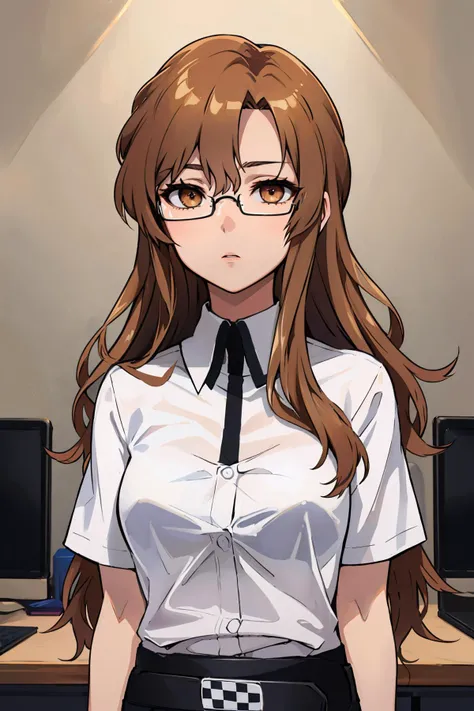 <lora:steinsgate_kiryu-11:1> kiryu moeka, expressionless, glasses, white shirt, collared shirt, short sleeves, pencil skirt, averting gaze
masterpiece, best quality, absurdres, office, upper body