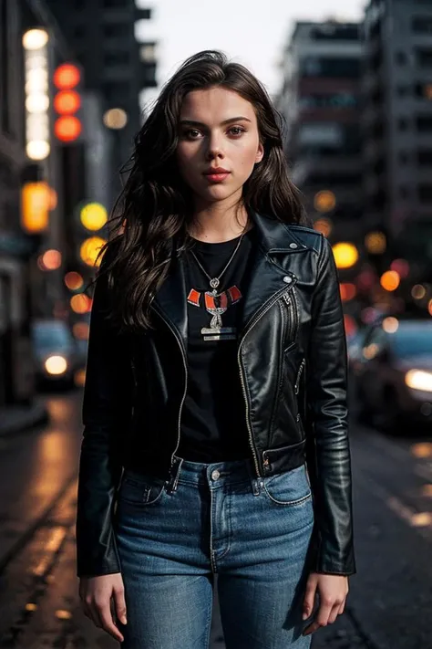 photo of beautiful (Sc4rJ0h4nss0n_HM-145:0.99), a woman, perfect hair, smiling, (modern photo), wearing black jeans and motojacket, portrait, 85mm, (analog, cinematic, film grain:1.3), (Dystopian Slums, Gritty urban setting with rundown buildings, neon lig...