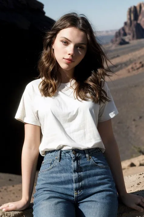 photo of beautiful (Sc4rJ0h4nss0n_HM-145:0.99), a woman, perfect hair, smiling, (modern photo), wearing loose t-shirt and baggy jeans, portrait, 85mm, (analog, cinematic, film grain:1.3), (Martian Geological Base, Research facility studying the geology and...