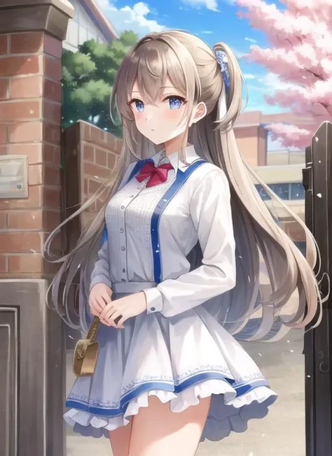 ((best quality)), ((highly detailed)), masterpiece, (detailed eyes, deep eyes), (1girl), cowboy shot, <lora:school_outdoors_v0.2:1>, outside, at a school, building, gate, fence, trees, cherry blossoms