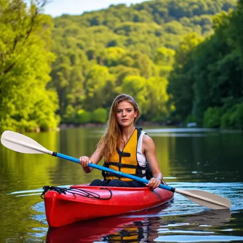 a vivid outdoor portrait of rose_leslie paddling a red kayak on a calm lake. she wears a white sleeveless top and a life vest, a...