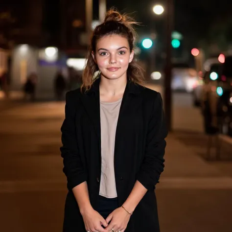 a portrait camren_bicondova standing outdoors at night. she wears a dark blazer and a light-colored top. her hair is pulled back...