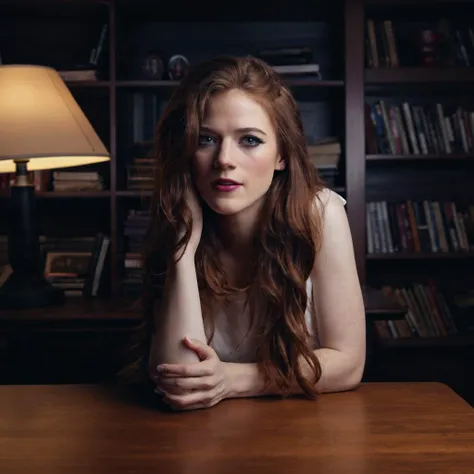 a portrait of rose_leslie in a dimly lit room. she leans on a wooden table, her hand resting on her chin. her long, wavy hair fl...