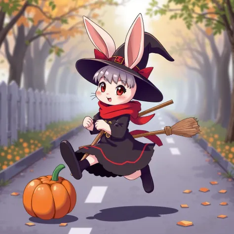 cute anime bunny in a black red and purple witch outfit carrying a broomstick and kicking a pumpkin along the road