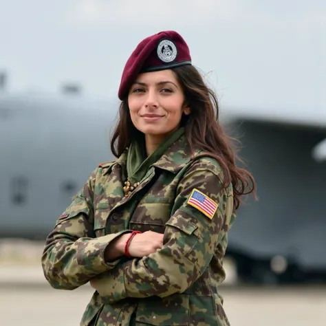 A portrait of sarahshahi in a military uniform, standing outdoors. She wears a burgundy beret with a silver emblem, a camouflage jacket with a american flag patch, and a green scarf. Her arms are crossed, and she looks directly at the camera with a slight ...