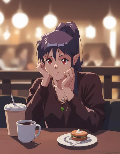 anime girl sitting at a table with a plate of food and a cup of coffee