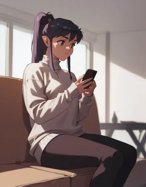 anime girl sitting on a couch looking at her cell phone