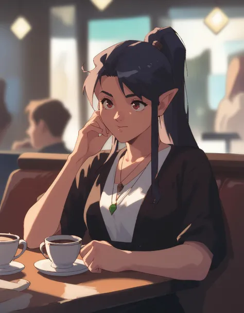 anime girl sitting at a table with a cup of coffee