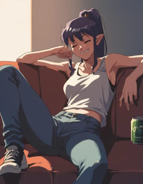 anime girl sitting on a couch with a beer in her hand