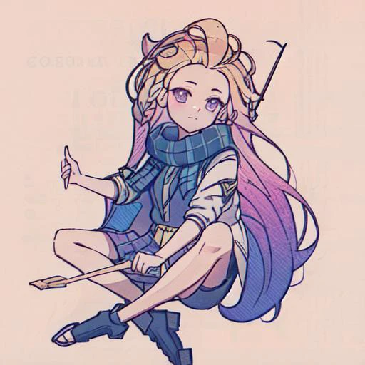 1girl, black skirt, closed mouth, drumsticks, holding, holding drumsticks, jacket, long sleeves, looking at viewer, necktie, plaid, plaid shirt, purple necktie, 
(disheveled hair),[orange hair:purple buttom hair:0.8],forehead,zoe,long hair,multicolored hai...