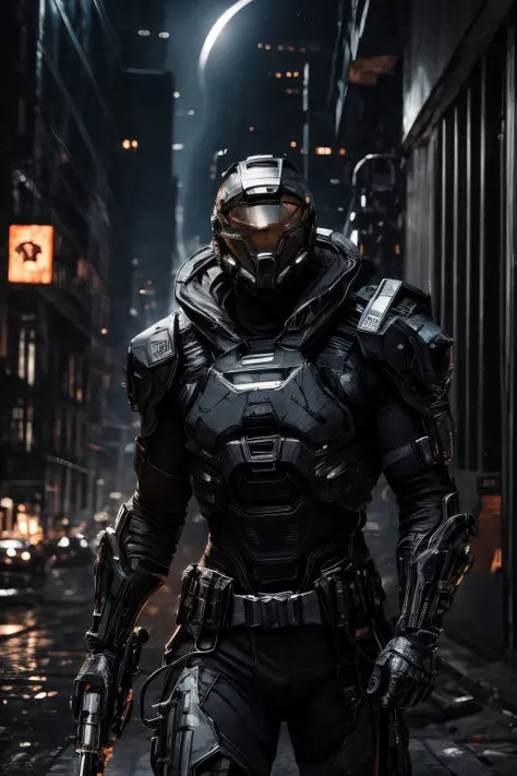 a man in a futuristic suit standing in a city street