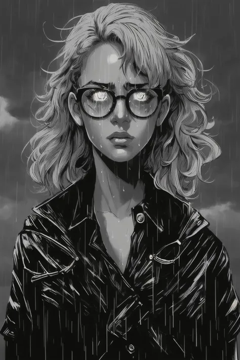 sin-city,portrait,1girl,,(glowing glasses:1.2),silhouette light,monochrome,realistic,cloudy sky,rain, <lora:Horror_Ink_Style-000008:0.8> , dark art, blond, messy hair