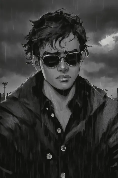 a close up of a man wearing sunglasses in the rain