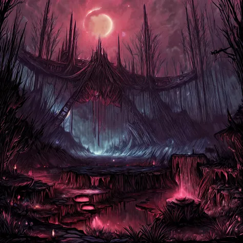 a painting of a dark forest with a red moon in the sky