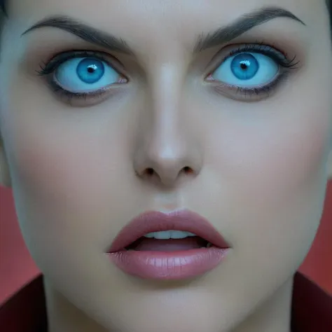 a close up of a woman with blue eyes and a red shirt