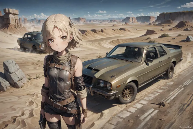 (Mad Max:1.2), Masterpiece, best quality, high detailed, detailed desert landscape, a beautiful girl in the foreground, skinny, slim, petite, (Dieselpunk:1.1), (flat chest:1.2), standing, cinematic, High detailed, intricate detail, rule of thirds, golden r...