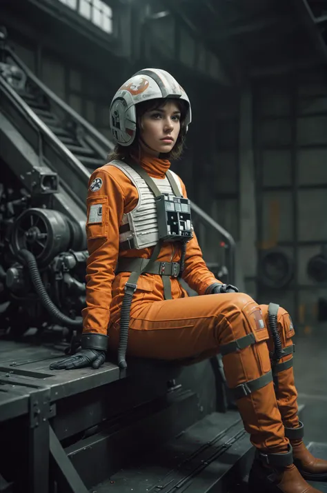 a woman in an orange space suit sitting on a metal staircase