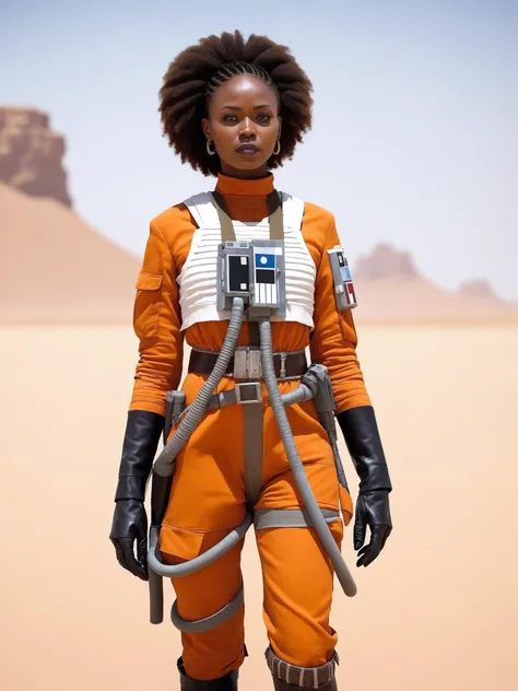 a woman in an orange outfit and helmet standing in the desert