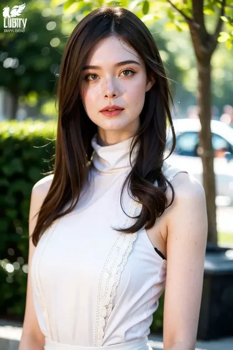 a woman in a white dress standing on a sidewalk